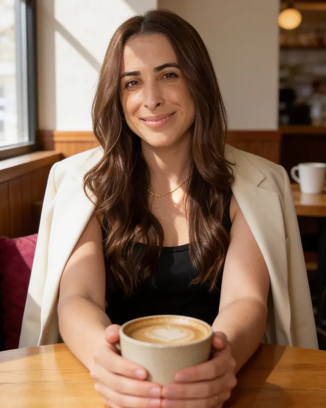 Isa sentada en un café, con una taza de café entre las manos, mirando a cámara