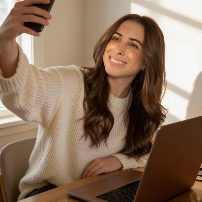 Isa en su escritorio, grabándose con el celular en una mano y el computador abierto delante